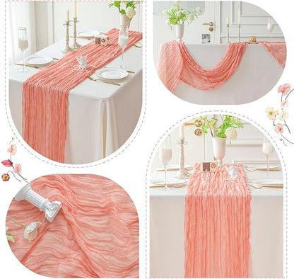 Sioloc Peach Coral Cheesecloth Table Runner 120'' x 35'',Spring Easter Decor Soft Gauze Boho Wedding Table Decor for 10ft Table Birthday Party,Baby Shower, Bridal Shower, Home & Event Decor