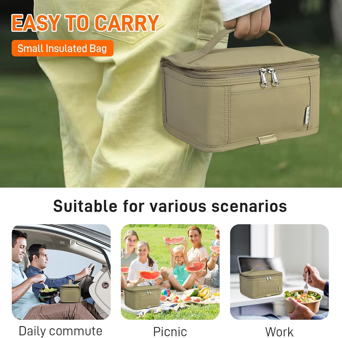 NOL Natural Organic Lifestyle Small Lunch Bag Mini Lunch Box Insulated Lunch Bag for Men/Women Leakproof Cooler Tote Bag Lightweight Nylon Waterproof Lunch Box For Work, Khaki