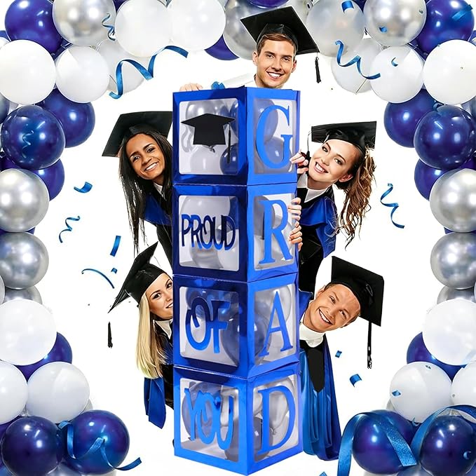 Graduation Decorations 2026, Navy Blue Graduation Decorations Transparent Balloon Boxes with Letters of GRAD, PROUD OF YOU,Class of 2026, Blue Silver Balloons Arch for High School College Grad Party