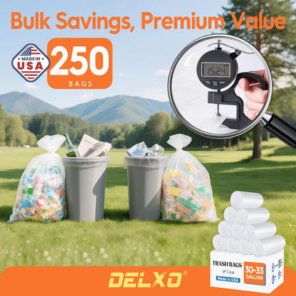 DELXO 30-33 Gallon Trash Bags, 250 Count Heavy Duty Large Clear Garbage Bags, Thick Durable and Puncture-Resistant Plastic Bags for Kitchens, Yards & Offices, Made in USA