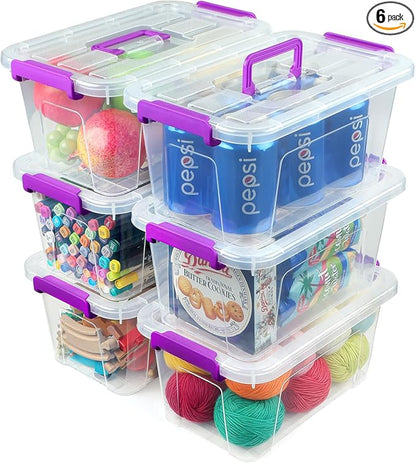 AREYZIN Plastic Storage Bins with Lids 6 Pack,7 Quart Stackable Storage Containers with Buckle Latches, Heavy Duty Clear Organizer Bins for Home Office Supplies, Craft & Toy Storage, BPA-Free,Purple