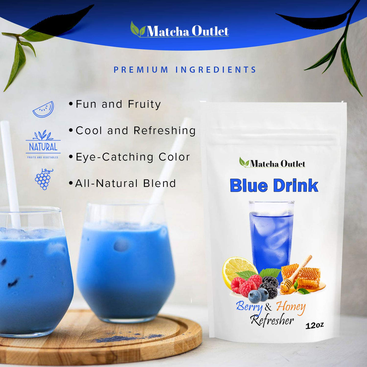 Blue Drink Spirulina Powder, Berry & Honey Refresher 12oz Blue Drink Mix Natural Food Colorant Perfect for Ice Mix Yogurts Baked Treats Loaded Tea