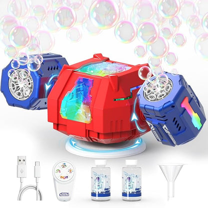 Bubble Machine - Auto 360° Rotation, Remote Control(65-131ft), 9Colors RGB Lights, 40000+ Bubbles, 1200mAh USB-C Rechargeable - Gift Toys for Kids, Toddler, Boys, Girls, Parties, Birthday, Wedding