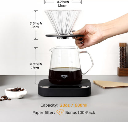 Vevok Chef Pour Over Coffee Maker Set, 20 Oz Borosilicate Glass Server Carafe and Glass Coffee Dripper with 100pcs Cone Paper Filter