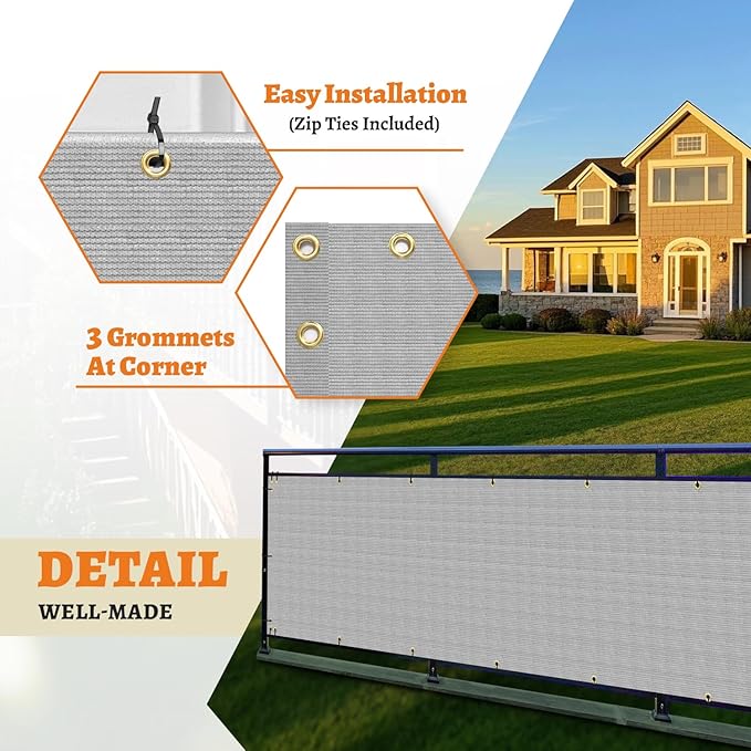 2.5' x 228' Balcony Privacy Screen Fence Cover with Zip Ties Grommets for Apartment Patio Porch Deck Backyard Outdoor (Gray)