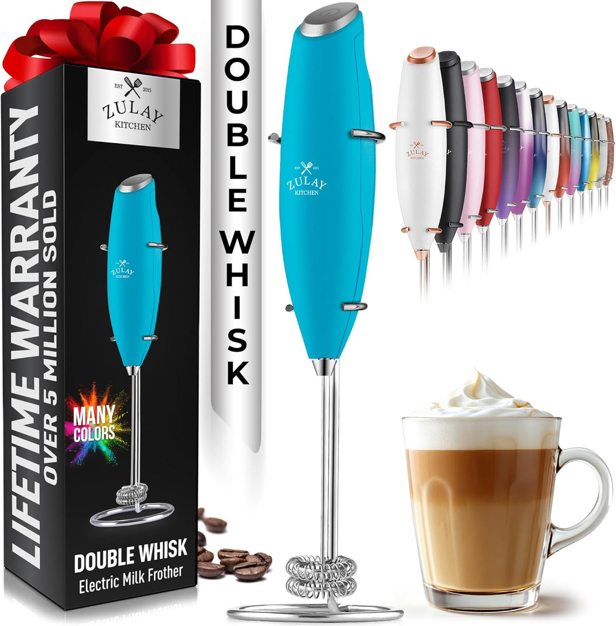 Zulay Double Whisk Milk Frother Handheld Mixer - High Powered Frother For Coffee With Improved Motor - Electric Whisk Drink Mixer For Cappuccino