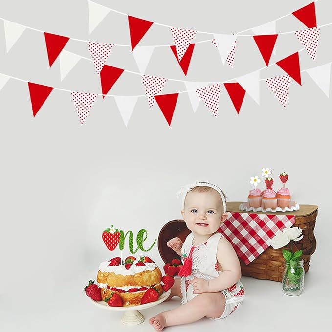 Zwiebeco 39Ft Red White Dot Fabric Bunting Banner Triangle Flags Cotton Garland Pennant for Birthday Wedding Engagement Carnival Party Classroom Nursery Home Outdoor Garden Decorations