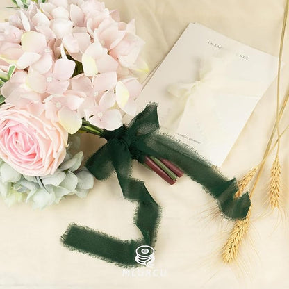 Green Chiffon Ribbon 1 Inch x 21Yds Handmade Fringe Chiffon Silk Ribbon Green & Cream Frayed Chiffon Ribbon for Wedding Invitation Flower Bouquets Gift Wrapping Bridal Shower Baby Shower