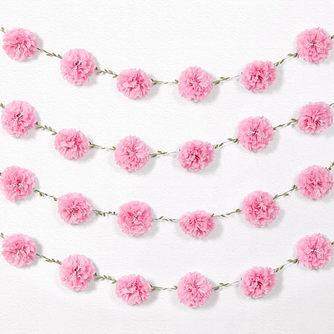 Pink Tissue Paper Flowers Pom Pom Spring Garland （2PCS） Hanging Decor Pink Party Decorations for Women Girls Birthday Bachelorette Baby Shower Wedding Party Supplies