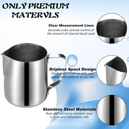 4 Pcs Milk Frothing Pitcher Espresso Steaming Pitchers 12 Oz Stainless Steel Milk Steamer Cup Frother Jug for Espresso, Latte Art