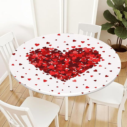 Valentines Day Round Fitted Tablecloth with Elastic Red Love Heart Circle Table Cloth for 44-48" Tables Wipeable Waterproof Washable Valentine Decorative Table Cover for Picnic Dining Party Decor