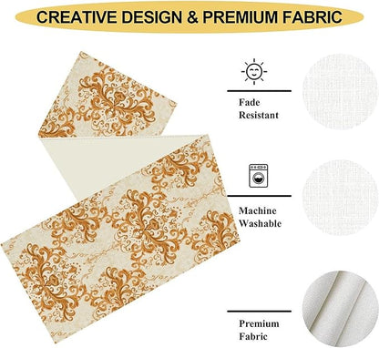 Damask Table Runner, Rustic Gold Gothic Boho Floral Flower Baroque Style Antique Vintage Retro Coffee Table Center Decor for Kitchen and Dining Outdoor Home Country Party Table Decorations, 13"x108"