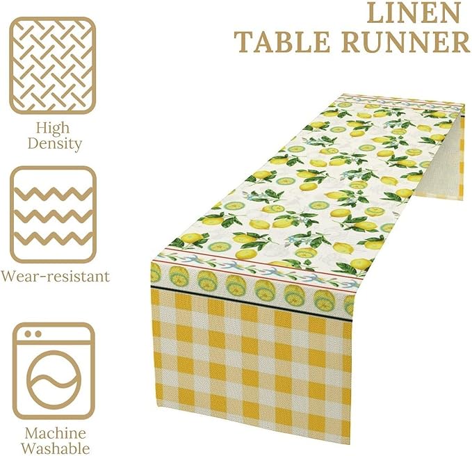 Lemon Buffalo Plaid Table Runner,Rustic Farm Fruit Aesthetic Country Farmhouse Dining Table Decoration for Home Holiday Party Dresser Kitchen Cabin Restaurant Wedding Decor 13×108in