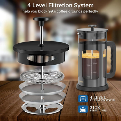 French Press Coffee Maker, French Press 304 Stainless Steel with 4 Filter, Heat Resistant Durable, Easy to Clean, Borosilicate Glass Coffee Press, 100% BPA Free Glass Teapot, 21 ounce, Dark Pewter