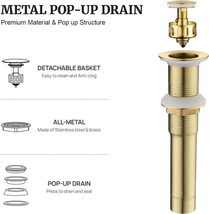 Pop up Sink Drain Stopper for Bathroom Vessel Vanity Sink Art Basin Brushed Gold, Small Cap Without Overflow, Metal Pop-up Drain Strainer with Detachable Basket Stopper