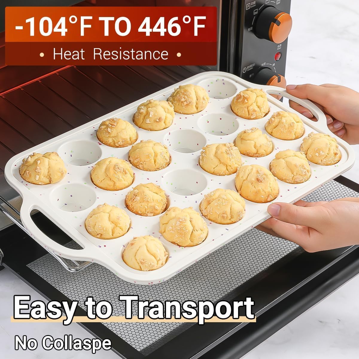 FUNBAKY Silicone Mini Muffin Pan, Metal Reinforced Frame 24 Cups Nonstick Mini Cupcake Pans with Handles Easy to Move for Baking Muffin, Cupcake, Egg Bites Oven Safe, Silicone Molds 2 Pack Confetti