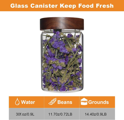 Glass Coffee Jars Spice Jar Round Storage Canister with Wooden Lid Clear Glass Food Jar for Pantry Sugar Tea Coffee Bean Spice Nuts Cookies Bath Salts (900ml/30oz-1 pack)