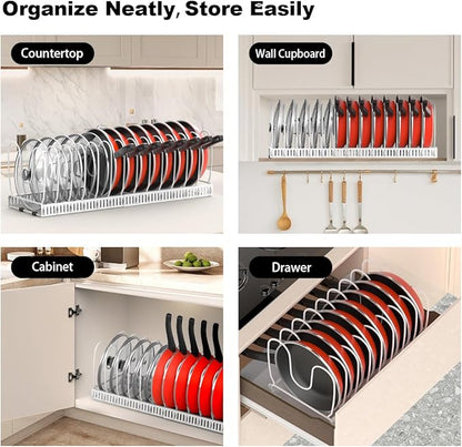 Housolution Pot and Pan Organizer Rack for Cabinet, Upgraded Expandable Pot Lid Organizer with 14 Adjustable Dividers, Pan Holder Storage Rack for Kitchen Cabinet, White
