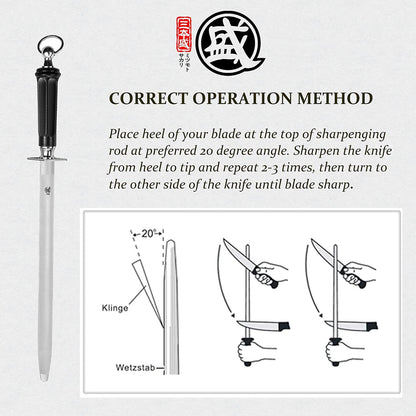MITSUMOTO SAKARI 10 inch Japanese Honing Steel - Round Diamond Knife Sharpening Rod, Professional High Carbon Sharpener with ABS Handle & Powerful Magnet
