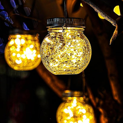 Cooo 12 Pack Crackle Glass Solar Lantern with 30 LED Firefly Lights– Waterproof Outdoor Hanging Lamp 215% Larger Solar Panel, Anti-Rust Lids Decorative Lighting for Garden Patio Table