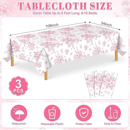 3 Pcs Pink Floral Plastic Tablecloths, 54 X 108Inch Tea Party Tablecloth Disposable Wedding Table Cloth Pink and White Porcelain Tables Decor for Garden Wedding Tea Party Birthday Baby Bridal Shower