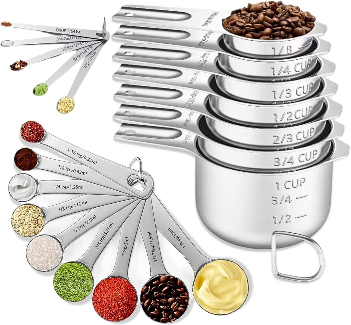 21PCS Measuring Cups and Spoons Set, Include 7 Nesting Measuring Cups, 9 Measuring Spoons and 5 Mini Spoons, Stainless Steel Metal Measuring Set