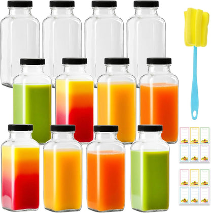 12 Pack 12oz Glass Drink Bottles with Lids, 360ml Vintage Glass Water Bottles with Caps, Reusable Juice Containers Drinking Jars for Juicing, Milk