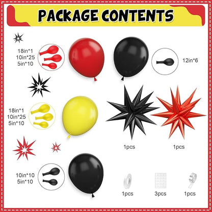 Red Black Yellow Balloon Arch Kit with Star Foil Balloons, Black and Red Yellow Balloon Arch, for Boy Girls Theme Birthday Baby Shower Party Decorations