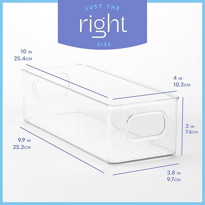 Plastic Food Storage Clear Container 2 Pack Bin with Handles for Organizing Kitchen, Pantry, Refrigerator, Freezer, Pantry, Cabinet, Closet, Bathroom. Stackable 10”x4”x3”