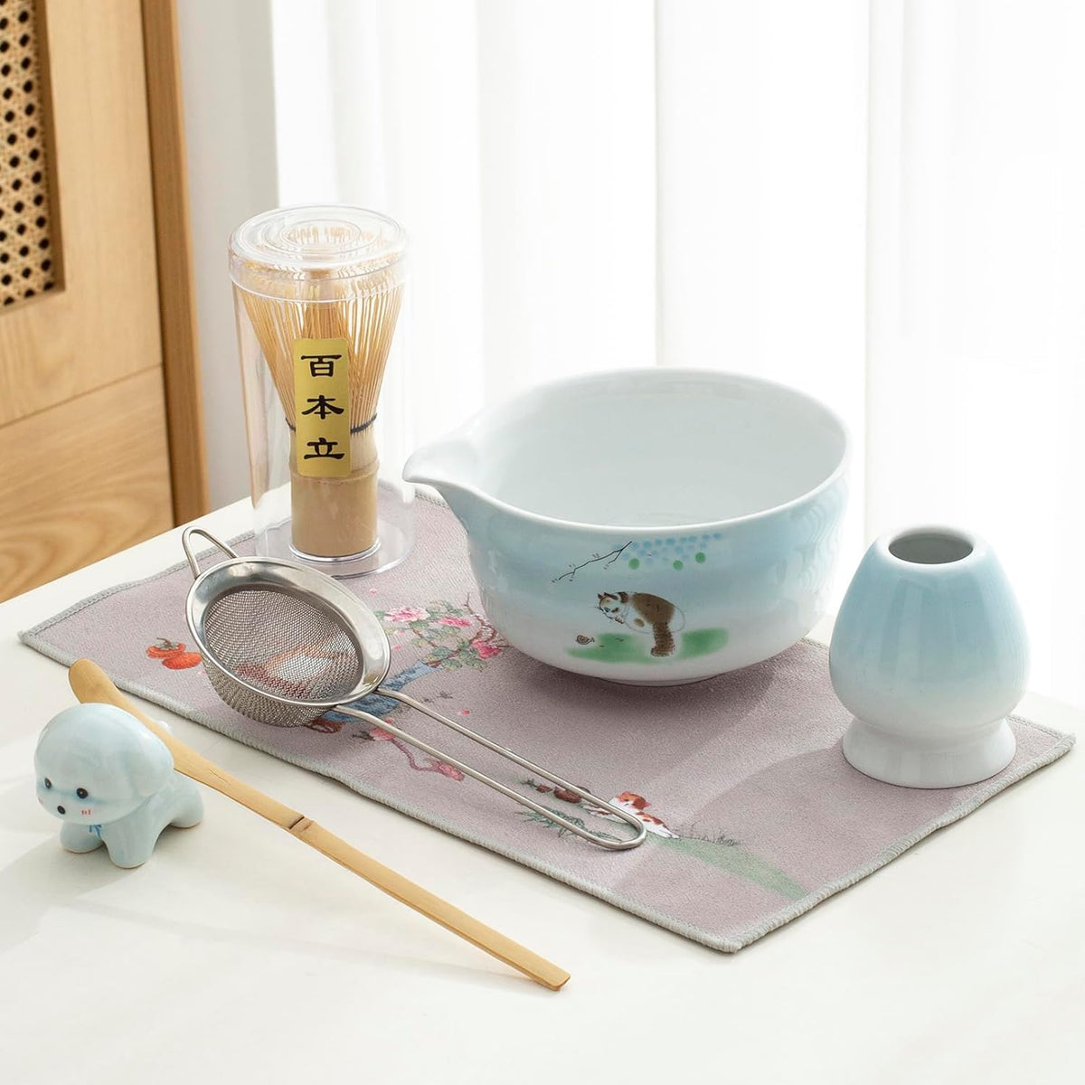 Matcha whisk and bowl set, ceramic matcha bowl with spout, matcha tea set for breakfast, matcha latte, perfect matcha set for ceremony 7 piece set (blue)