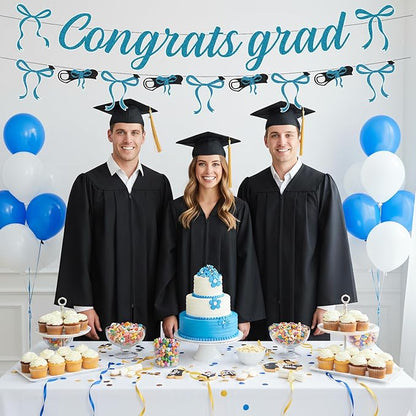Blue Graduation Decorations 2026-2PCS Blue Bow Congrats Grad Banners Party Decor, Bowknot Graduation Party Supplies for Primary Middle High School University College (No-DIY)