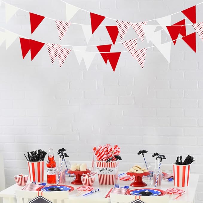Zwiebeco 39Ft Red White Dot Fabric Bunting Banner Triangle Flags Cotton Garland Pennant for Birthday Wedding Engagement Carnival Party Classroom Nursery Home Outdoor Garden Decorations
