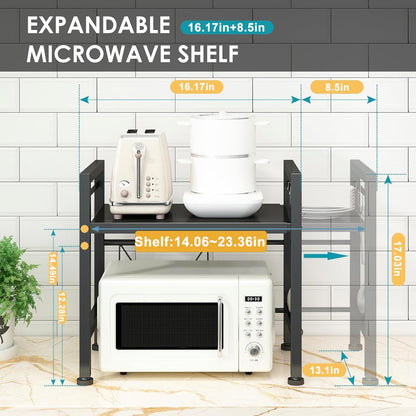 DOLALIKE Microwave Oven Rack, Expandable Microwave Stand Countertop Kitchen Utensils Tableware Storage, Carbon Steel Over Microwave Shelf Countertop with 3 Hooks