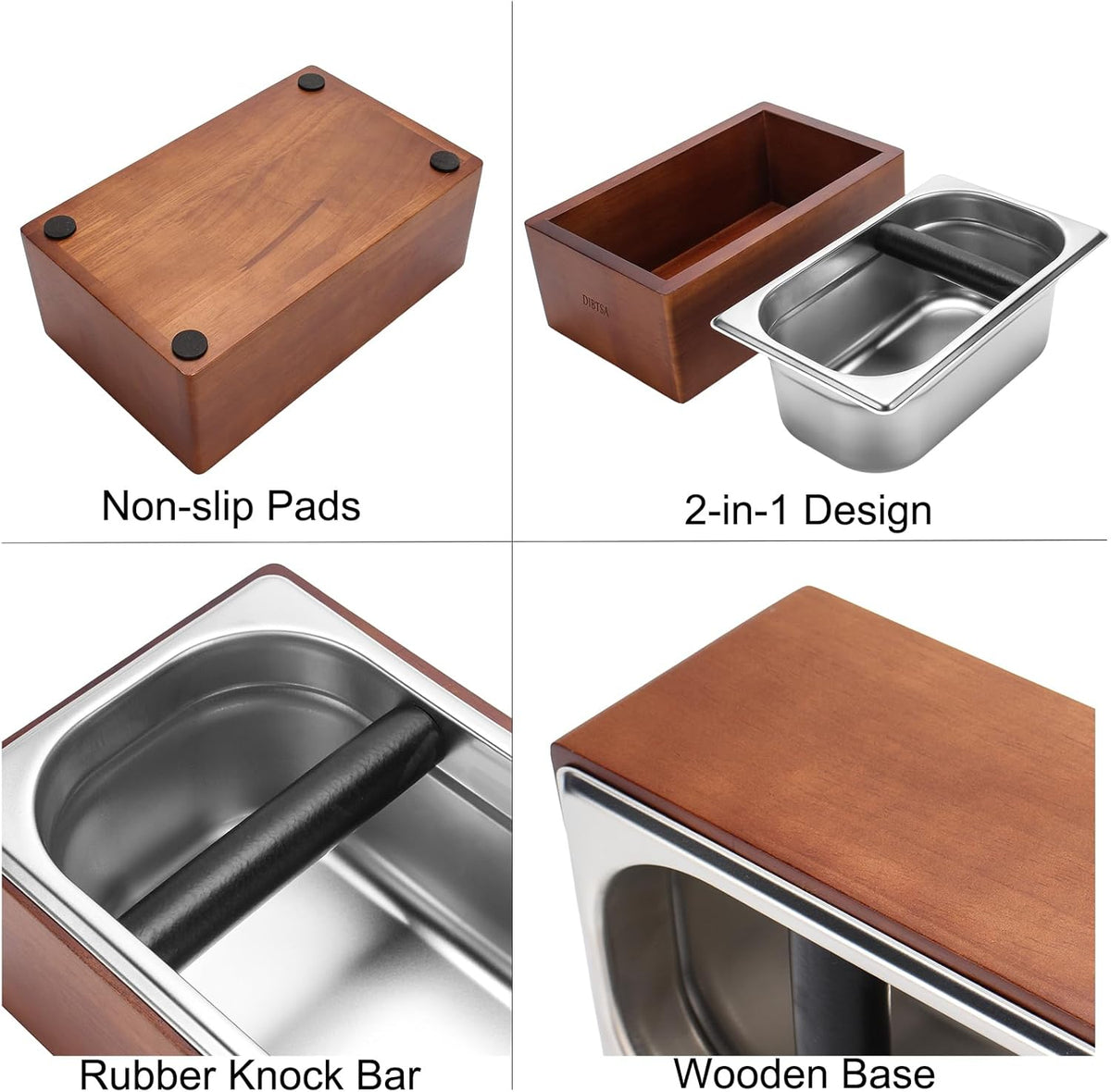 Knock Box Espresso, Coffee knockbox with Rubber Knock Bar and Anti-slip Pad, Commercial Use Large Capacity, Stainless Steel and Wooden
