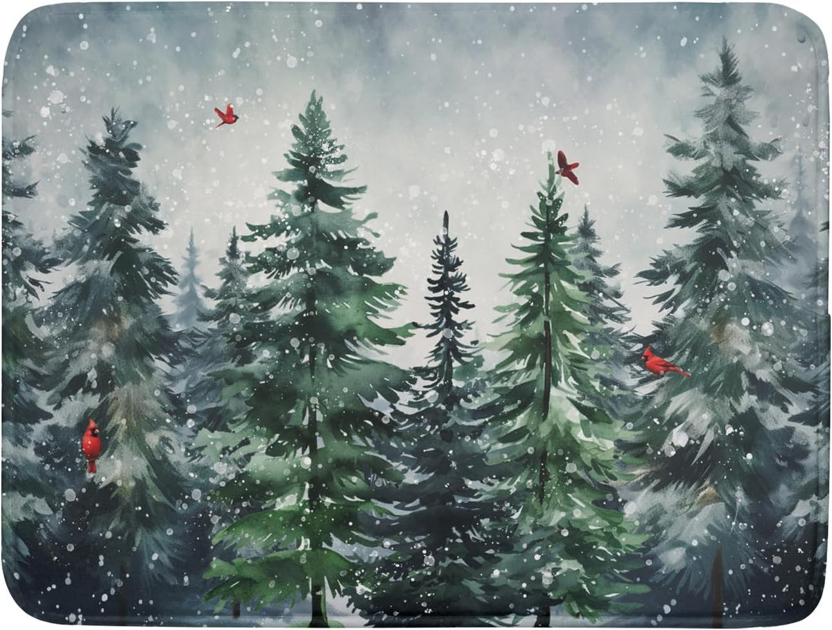 Christmas Tree Dish Drying Mat for Kitchen Counter Winter Pine Tree Dish Drying Mat 18x24 Inch Red Bird Christmas Dish Draining Mat Absorbent
