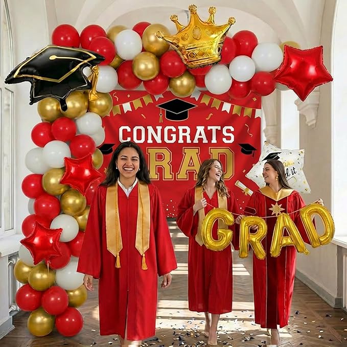 Red White Gold Balloon Garland Arch Kit with backdrop Stars Graduation Cap crown GRAD Letters Mylar Balloons for 2026 graduate Prom Decorations