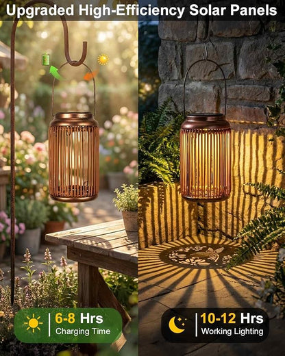 Solar Lanterns Outdoor Waterproof, 2 Pack Hanging Rattan Solar Lights with Hummingbird Projection, Garden Decor for Yard Patio Porch, Gifts for Women Mom Grandma