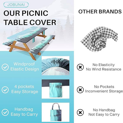 Fitted Picnic Table Cover with Bench Covers Elastic Waterproof Outdoor Camping Tablecloth for 6 Foot Rectangle Tables Camper Summer Accessories Rv Car Essentials Vacation Gifts for Women Men