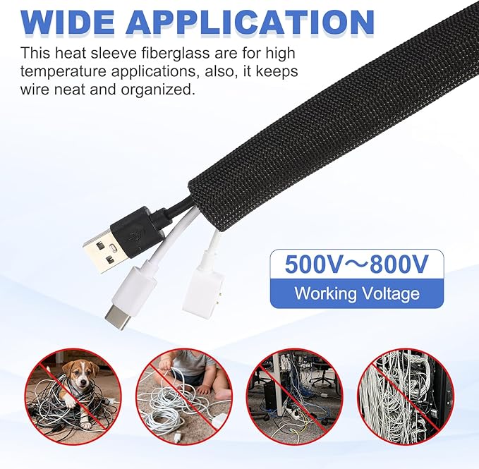 uxcell Insulation Cable Protector,2.5mm/0.10 Inch-15m/49 Feet High Temp Fiberglass Sleeve Black