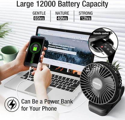 Clip on Fan 65 Hours Portable Desk Fan Rechargeable with LED Lights & Hooks 12000 Capacity Battery Operated Fan with Clips Small Desk Fan Mini Fans for Tents Travel Outdoor Camping Golf Cart, Black