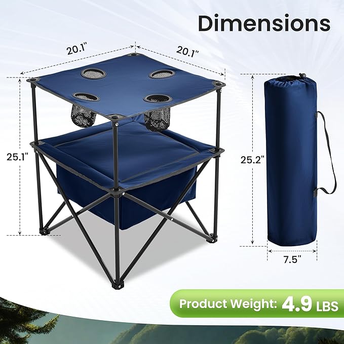 Portable Outdoor Folding Camping Table with 4 Cup Holders & Cooler Compartment, Waterproof Picnic Table for Picnic, BBQ, Beach, Hiking (Dark Blue, 1 PCS)