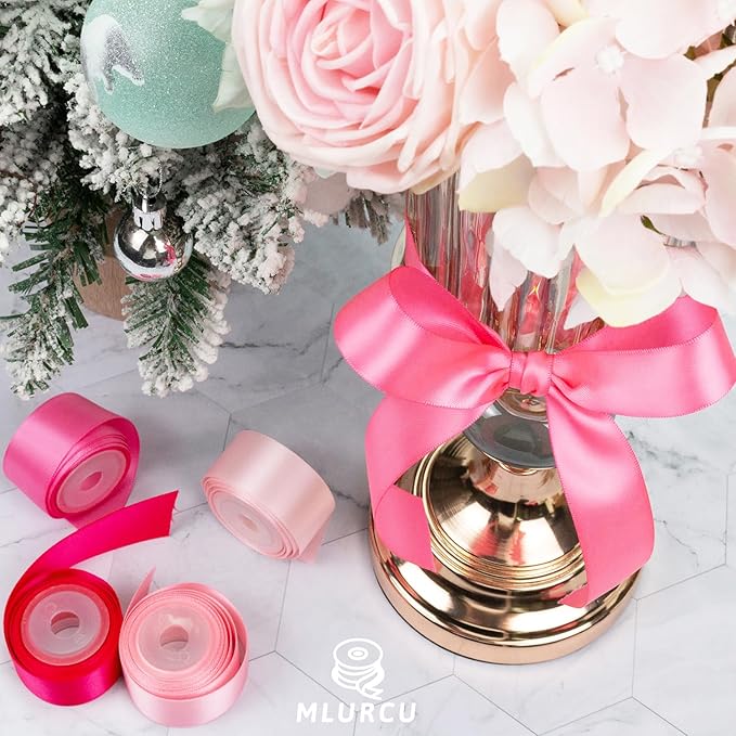 Pink Ribbon 1 Inch Assorted Double Faced Pink Satin Ribbon Set for Flower Bouquet, Gift Wrapping, Wedding Invitation, Bridal Shower Decor, Hair Bows and Crafts, 6 Rolls Total 30 Yards