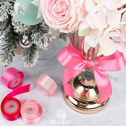 Pink Ribbon 1 Inch Assorted Double Faced Pink Satin Ribbon Set for Flower Bouquet, Gift Wrapping, Wedding Invitation, Bridal Shower Decor, Hair Bows and Crafts, 6 Rolls Total 30 Yards