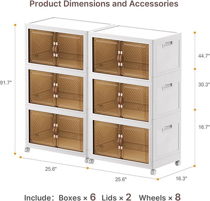UAMFURI Stackable Storage Bins with Lids, 720QT Closet Organizers, Lockable Storage Cabinet, Foldable Storage Box with Doors and Wheels, Plastic Drawers for Home, Garage, Office (6, White, Large)