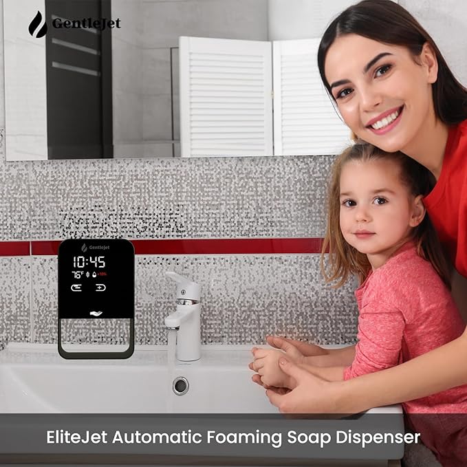GentleJet EliteJet Automatic Foaming Soap Dispenser – Touchless Sensor, LED Display, 5 Foam Levels, Wall Mount or Countertop, Rechargable USB-C or Battery Powered, Aluminum Alloy, 480 ml Refillable