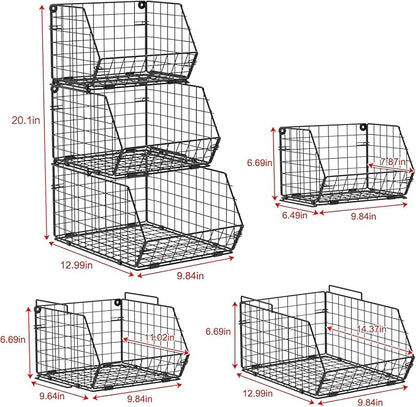 X-cosrack Stackable Wire Baskets for Counter, Fruit and Vegetable Storage, Potato and Onion Storage Bin，Kitchen Pantry Organizer - Wall Basket for Produce/Snack/Can, 3-tier Large, Black