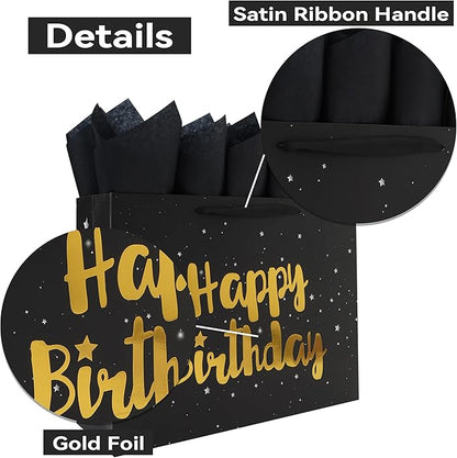 Qirrmiy 16.5'' Extra Large Black Happy Birthday Gift Bag Set with Handles, Greeting Card, Tissue Papers and Stickers for Men Boys Kids, Stars Design, 1 Pcs.