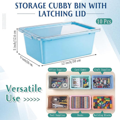 10 Pcs Cubby Bin with Clear Latching Lid Label Sticker Colored Plastic Stackable Book Storage Container for Classroom Office Home Sorting Arts Craft Desk Organizer(Boho)