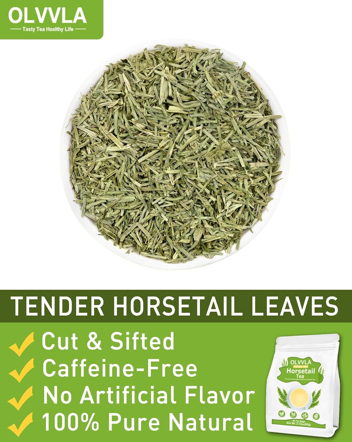 Olvvla - Premium Horsetail Tea Bags - 1.5g X 40 Count - Pure Natural Horsetail Herbal Tea - Caffeine-free - Non-GMO - Dried Horsetail Herb
