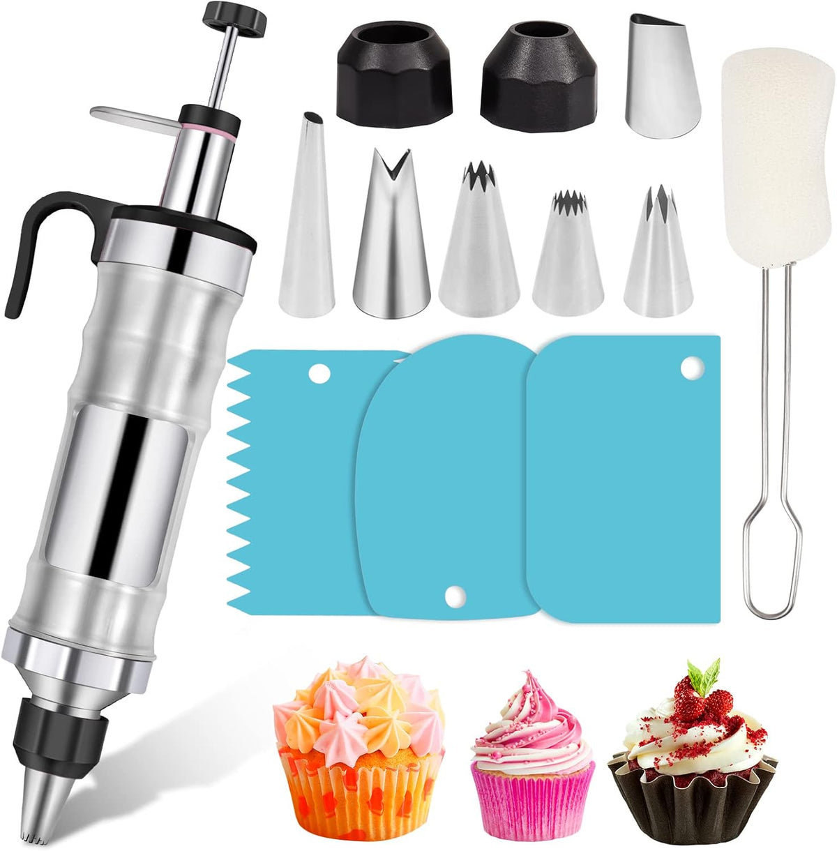 Dessert Decorating Syringe Set Frosting Piping Kit Stainless Steels Cake Decorating Tool 6 Russian Piping Icing Nozzles Cream Scraper Cupcake